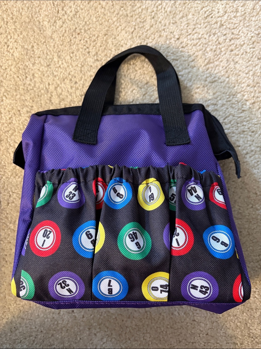 Purple BINGO Dauber 6 Pocket Tote Bag with Colorful Print - NWOT